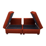 Duobeds red brick convertible sofa bed with storage is your all-in-one solution for a sofa bed, and the storage ottomans and back pillows easily convert from a bed to a couch or two chairs for modular living room or bedroom furniture.